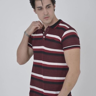 Erkek Polo Yaka tişört Slim Fit Dokuma Çizgili Kısa kol T-Shirt - Bordo